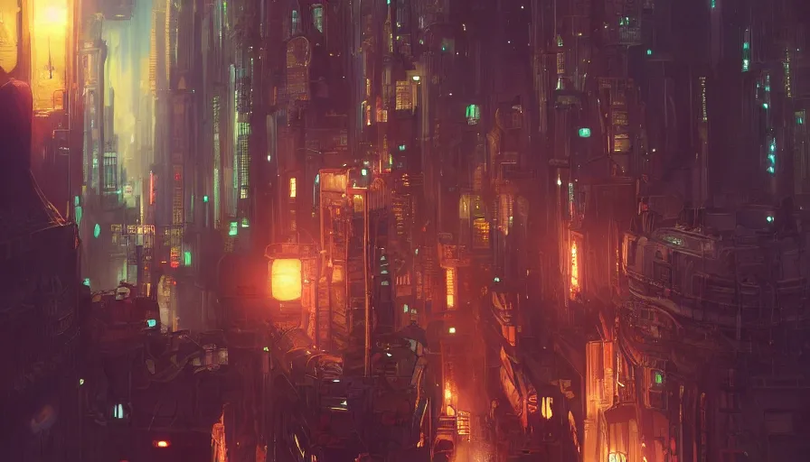 Image similar to sci - fi city night, beautiful lit lamps, 8 k highly detailed art, intricate, stanley lau, artgerm, artstation, smooth, far shot, wlop, alphonse mucha, cinematic shot, cinematic lighting