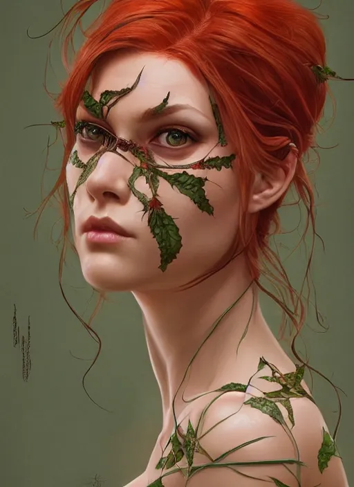 Image similar to symmetry!! poison ivy, machine parts embedded into face, intricate, elegant, highly detailed, digital painting, artstation, concept art, smooth, sharp focus, illustration, art by artgerm and greg rutkowski and alphonse mucha, 8 k