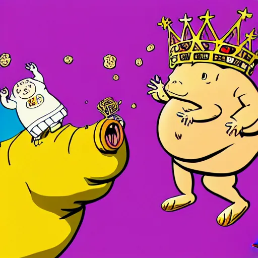 Image similar to trippy comic art of a obese pig wearing a gold crown throwing pork rinds snacks into the air, drawn by Martin Rowson, Tim Burton, Studio Ghibli, Alex Pardee, Nekro Petros Afshar, James McDermott, colors by lisa frank, unstirred paint, vivid color, cgsociety 4K