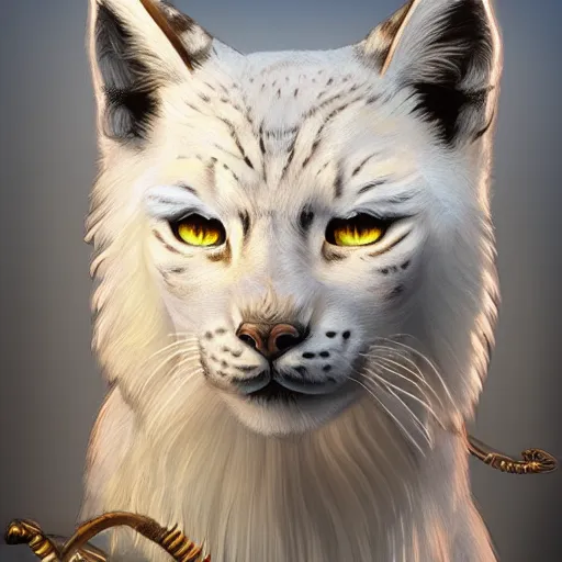 Prompt: smart white lynx portrait by Les Edwards and Noriyoshi Ohrai, furry art, steampunk fantasy style, 4k, trending on artstation