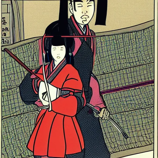 Image similar to Japanese schoolgirl runs away from Samurai with a katana on the subway by Toshio Saeki, high detailed