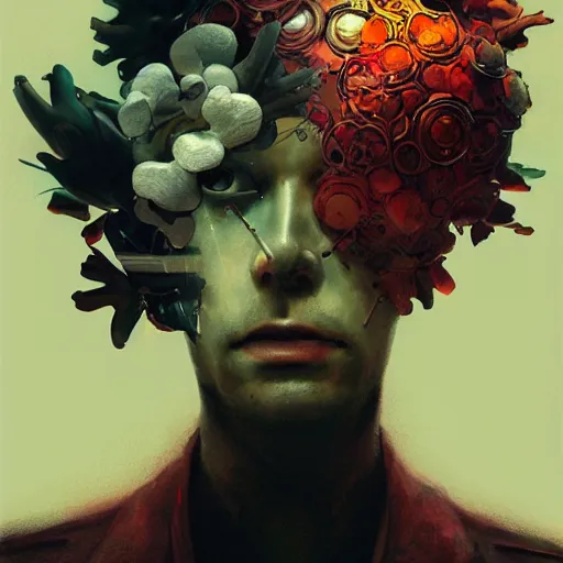 Image similar to surreal gouache painting, by yoshitaka amano, by ruan jia, by conrad roset, by kilian eng, by good smile company, detailed anime 3 d render of a mechanical android head with flowers growing out, portrait, cgsociety, artstation, modular patterned mechanical costume and headpiece, retrowave atmosphere