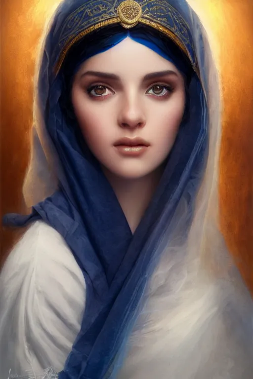 Prompt: arab ameera al taweel, bright blue eyes, long wavy black hair, white veil, closeup, cinnamon skin color, elegant, highly detailed, centered, oil painting, artstation, concept art by tom bagshaw