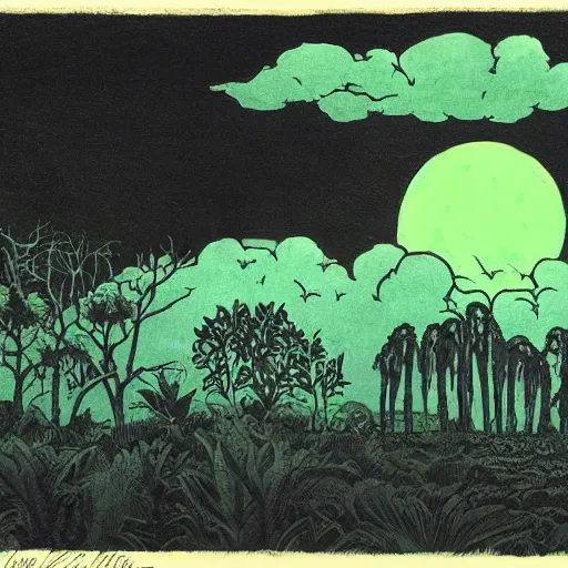 Prompt: plantation, bayou, heavy ink, moon in sky encircled by clouds, cool color palette, green!!!!, mike mignola