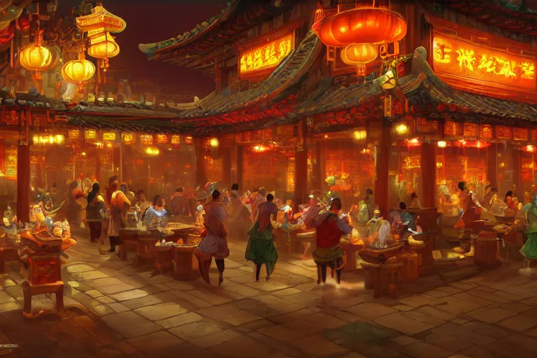 Image similar to fantasy art of a bustling tavern in china, at night, by tyler edlin, highly detailed digital art, trending on artstation