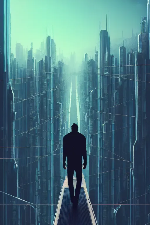 Image similar to a man standing on top of a bridge over a city, cyberpunk art by Vincent Lefevre, behance contest winner, altermodern, cityscape, synthwave, matte painting