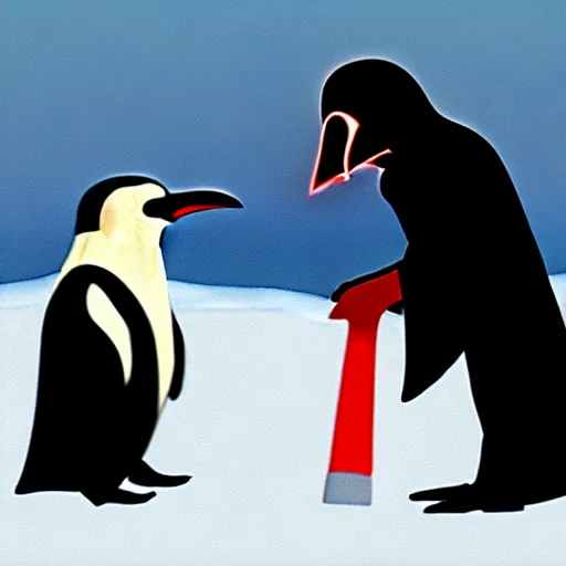 Image similar to darth vader talking with a penguin