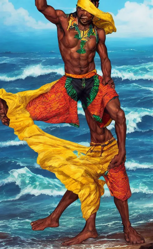 Image similar to Jamaican fisherman wearing calico cloth and posing in a battle stance in the Jamaican sea, style by Ross Tran and Artgerm and Peter Mohrbacher