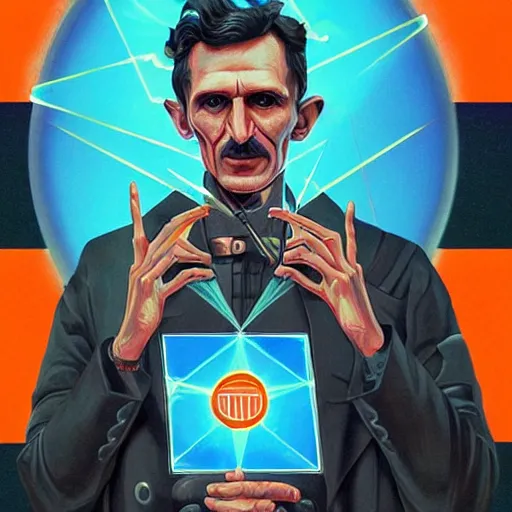 Image similar to majestic futuristic visionary inventor nikola tesla tarot crad by sachin teng, artgerm, darius zawadzki, masterpiece, organic painting, matte painting, technical geometrical drawing shapes, lightning electricity coil, hard edges, graffiti, screen printing poster art by sachin teng, artstation trending