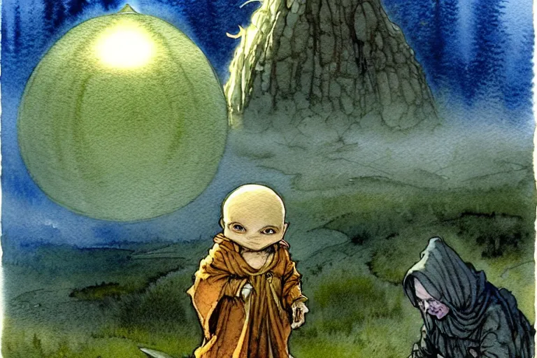 Image similar to a realistic and atmospheric watercolour fantasy character concept art portrait of a short fat chibi alien wearing robes emerging from the mist on the moors of ireland at night. a ufo is in the sky. by rebecca guay, michael kaluta, charles vess and jean moebius giraud