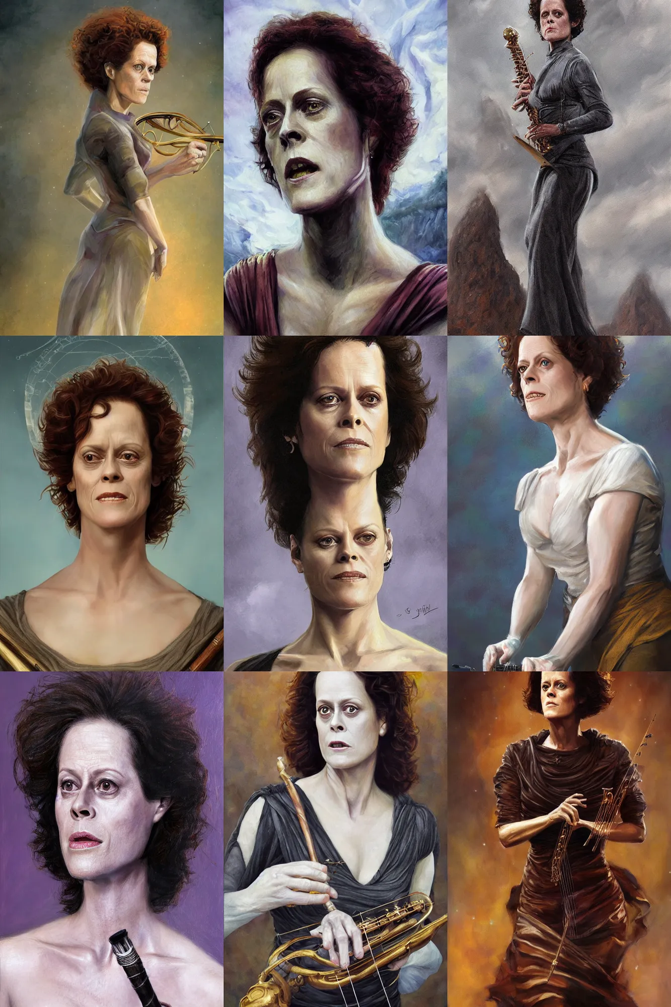 Prompt: a full body high detail fantasy portrait oil painting illustration of sigourney weaver as a beautiful sophisticated singing bard by justin sweet with face and body clearly visible, in a scenic background, pupils visible, realistic proportions, d & d, rpg, forgotten realms, artstation trending, high quality, sombre mood, artstation trending, muted colours, entire person visible!