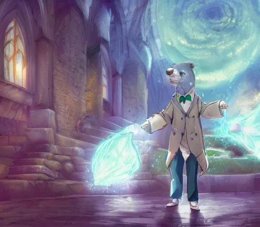 Image similar to A well dressed fursona of an Otter furry is a mage casting a magic spell, highly detailed fantasy anime artwork, ArtStation, pixiv, furaffinity, DeviantArt, impressionist romanticism, epic scenery in stone ruins