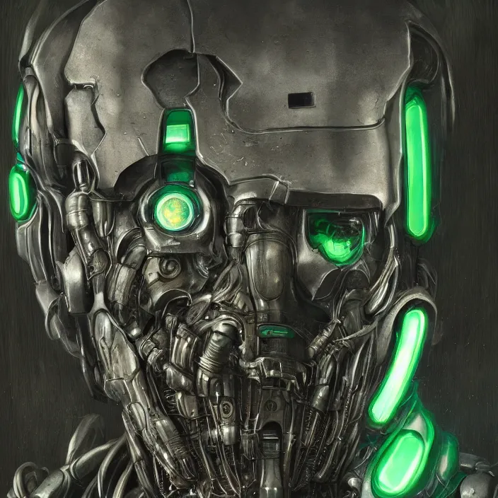 Image similar to h. r. giger esque portrait of a friendly, happy, emerald ultron from age of ultron, fresh of the production line, washed, clean, shiny, clockwork steampunk, head and chest only, by beksinski, 4 k, deviantart, trending on artstation