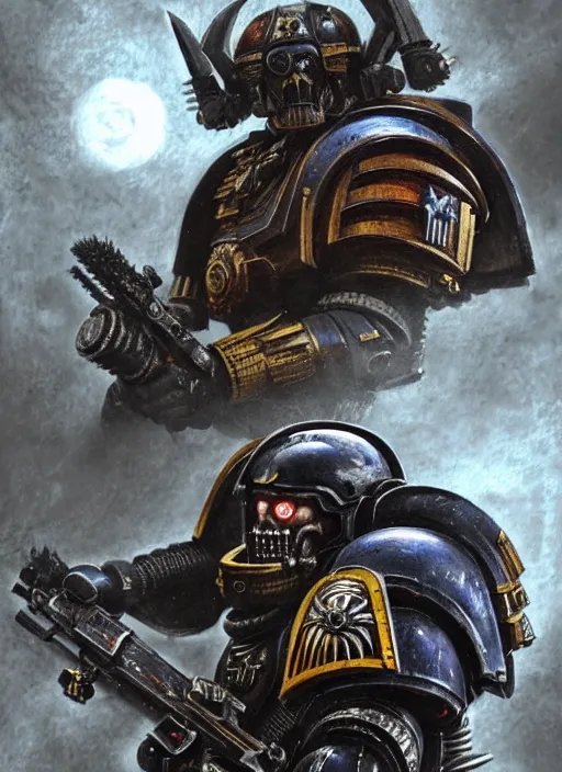 Image similar to portrait of willem dafoe as a space marine, intricate, warhammer, warhammer 4 0 k, highly detailed, digital painting, concept art, sharp focus, illustration, muted colors, grim dark, moody, gloomy, art by john blanche, by pedro nunez, by jaime martinez, by nacho molina