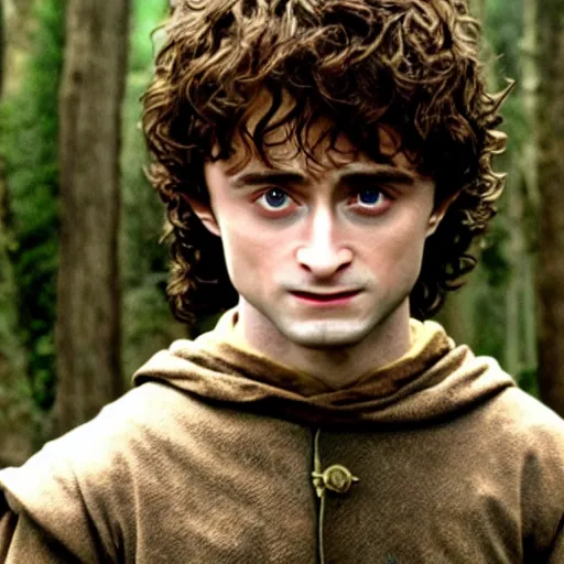 Image similar to Film still of a young Daniel Radcliffe as Frodo in Lord of the Rings: The Return of the King, 4k, wide shot, cinematic