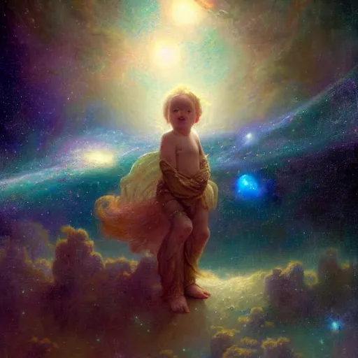 Image similar to a lonley and gloomy baby in middle of space surrounded by colorful stars planets and galaxies, high detail, by gaston bussiere, bayard wu, greg rutkowski, odd nerdrum, maxim verehin, dan dos santos, masterpiece, sharp focus, cinematic lightning