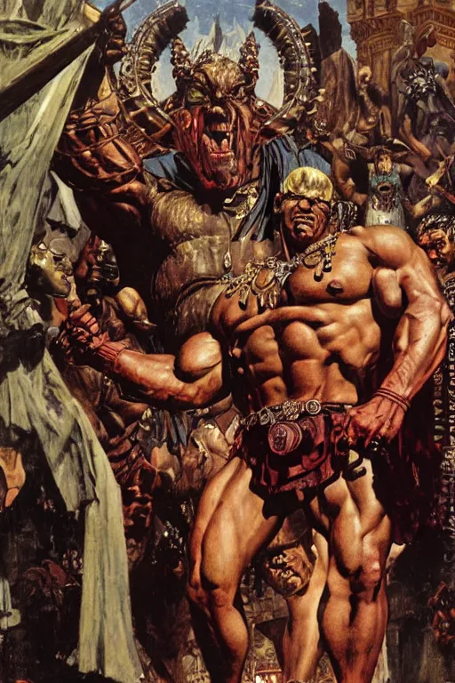 Image similar to movie still of huge hulking rich piana as demonic emperor, simple background, painted by jack kirby, lawrence alma tadema, norman rockwell, greg staples, wayne barlow, neville page, 4 k, photo