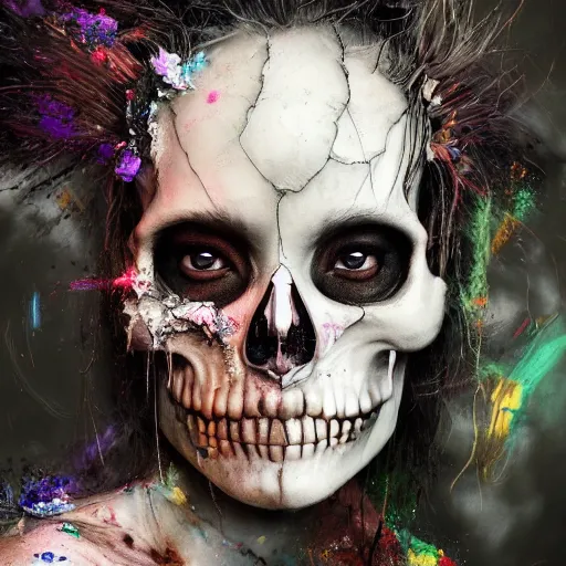 Image similar to full body pose, hyperrealistic mixed media painting of beautiful skull woman, dim volumetric lighting, 8 k, octane beautifully detailed render, extremely hyper detailed, intricate, epic composition, cinematic lighting, masterpiece, trending on artstation, very very detailed, masterpiece, stunning, hdr, smooth, sharp focus, high resolution, award, winning photo, dslr, 5 0 mm