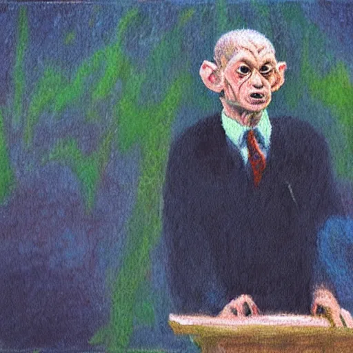 Prompt: impressionist painting of president gollum giving a speech