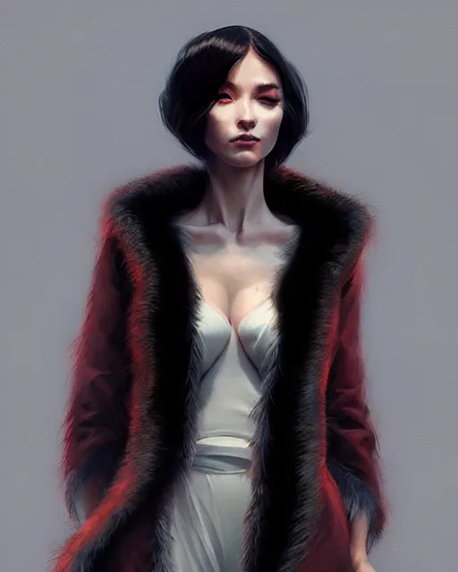 Image similar to fur - lined dragonhide jacket!!! beautiful and elegant female!! gorgeous ayes!! character concept art, sharp focus, illustration, artgerm!! greg rutkowski! wlop!! ilya kuvshinov!! charlie bowater! octane render! unreal engine 5! highly rendered!! trending on artstation!! cgi vfx!