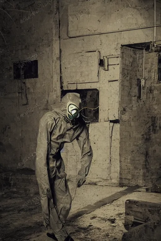 Image similar to .dalle gentleman in nuclear protective clothing with mask in the midst of the debasement. realistic, very realistic cinematographic, photo, photorealistic