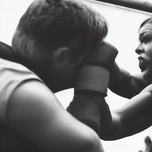 Prompt: close-up photo of a woman punching a man