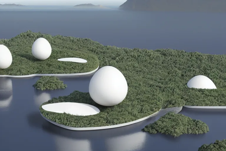 Image similar to the buildings of sejima and pierre cardin, which are formed by the intersection of many white egg shaped spherical spaces, are on the calm lake, human perspective, future, interior wood, marble, award winning, highly detailed 4 k art, dusk, unreal engine highly rendered, global illumination, radial light, internal environment by kazuyo sejima