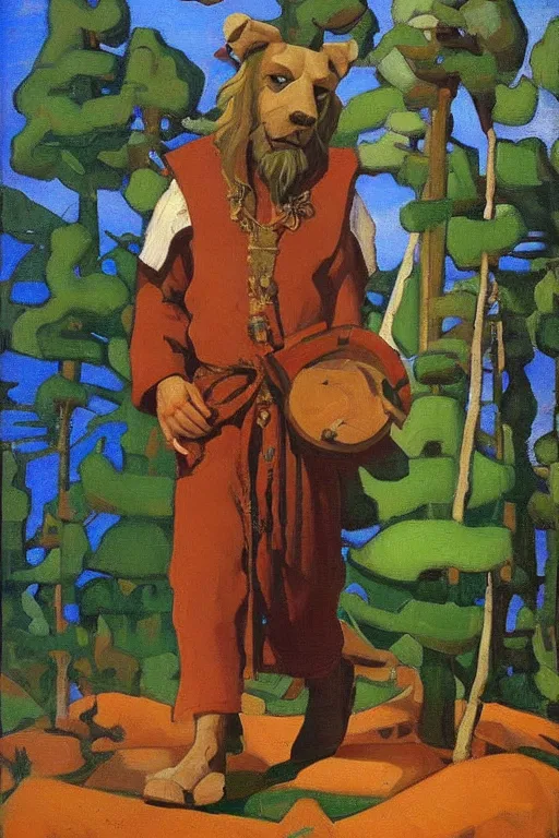 Image similar to slavic dog head man, woolen torso in medieval clothes, painting by nicholas roerich, walking in the forest, orthodox saint christopher, oil painting, painting by viktor vasnetsov, concept art, hyperrealism, beautiful, high resolution, trending on artstation,