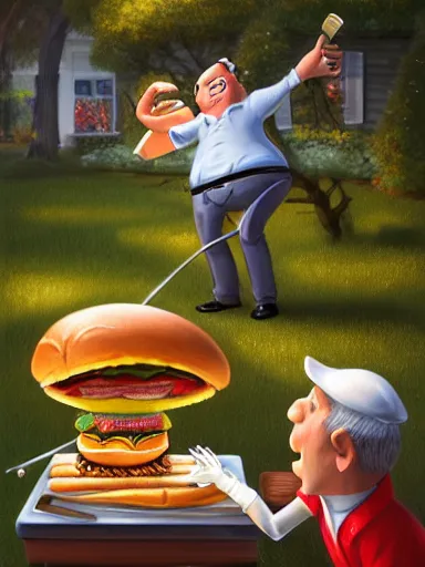 Image similar to a happy middle aged man fliping burgers in the grill on the lawn. intricate, elegant, highly detailed, digital painting, artstation, concept art, sharp focus, illustration, by justin gerard and artgerm, 8 k