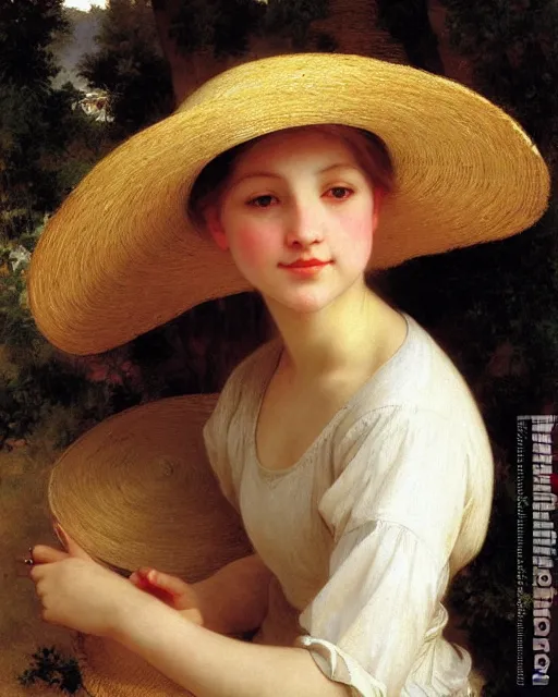 Image similar to young blond girl with straw hat, bouguereau