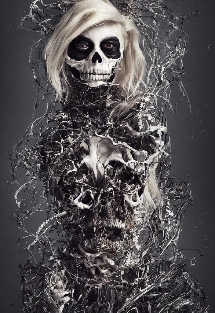 Image similar to portrait of Margot Robbie as a skeleton. intricate abstract. intricate artwork. nightmare fuel. by Tooth Wu, wlop, beeple, dan mumford. octane render, trending on artstation, greg rutkowski very coherent symmetrical artwork. cinematic, hyper realism, high detail, octane render, 8k, iridescent accents