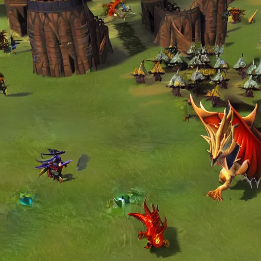 Image similar to a screenshot from runescape with two magical dragons perched on top of lumbridge
