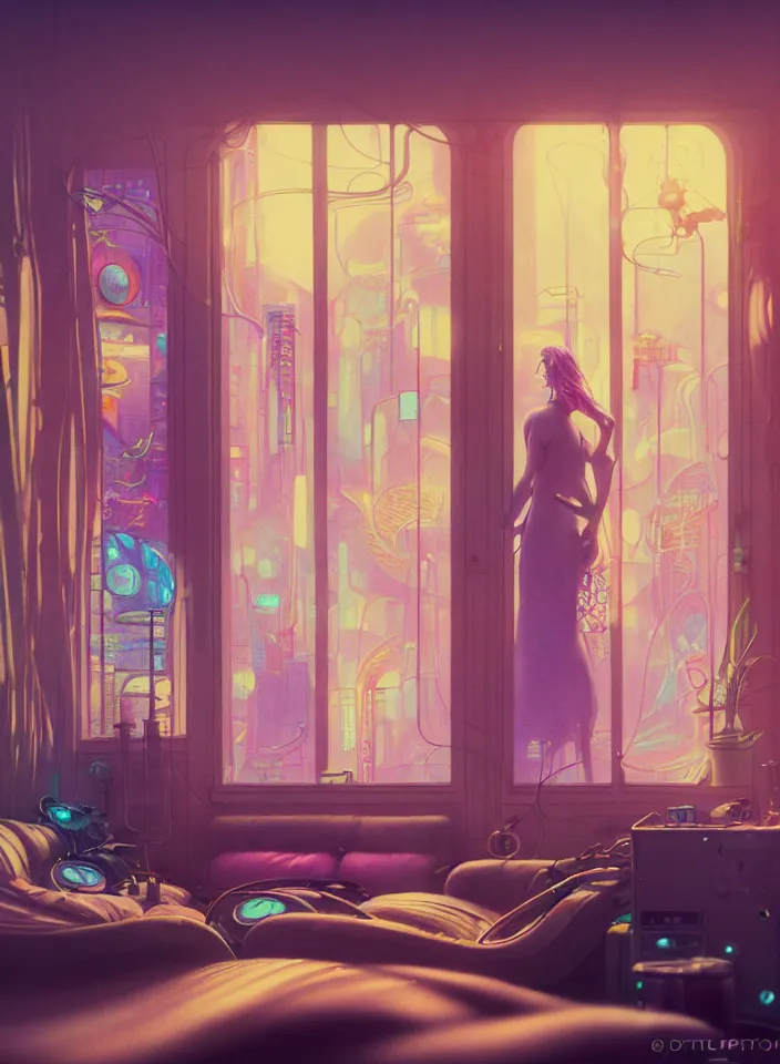 Prompt: telephoto 7 0 mm f / 2. 8 iso 2 0 0 photograph depicting the feeling of chrysalism in a cosy safe cluttered french sci - fi ( ( art nouveau ) ) cyberpunk apartment in a pastel dreamstate art cinema style. ( living room ) ( ( fish tank ) ), ambient light.