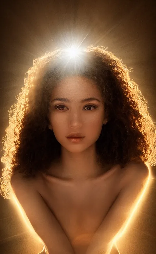 Prompt: beautiful ethereal light delicate elegant portrait of a sun goddess with beams of light, sun, greek, highly detailed, realistic, 4 k photo, award winning