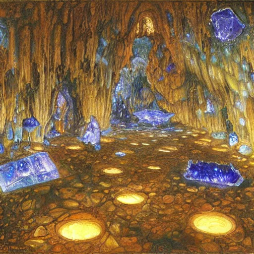 Prompt: a cave with huge glowing crystals in the walls and piles of bones on the floor, art by donato giancola