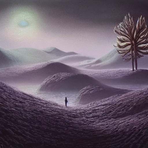 Image similar to artistic digital artwork of an epic natural scene on an alien planet. beautiful landscape by vincent bons, michael whelan, remedios varo and gerardo dottori. grainy and rough. interesting pastel colour palette. beautiful light. oil and water colour based on high quality render.