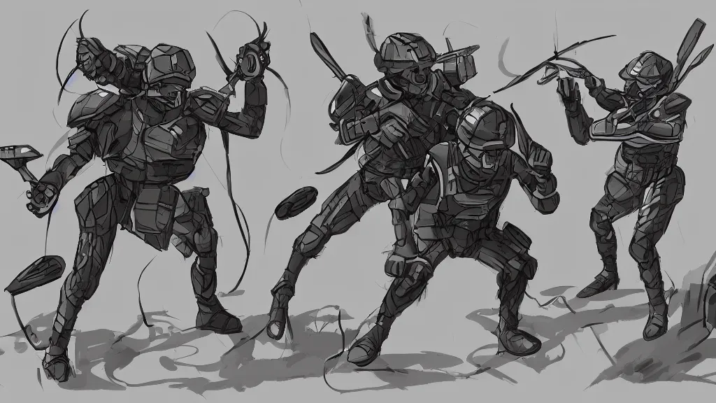 Prompt: two futuristic soldiers fighting giant bugs, concept art