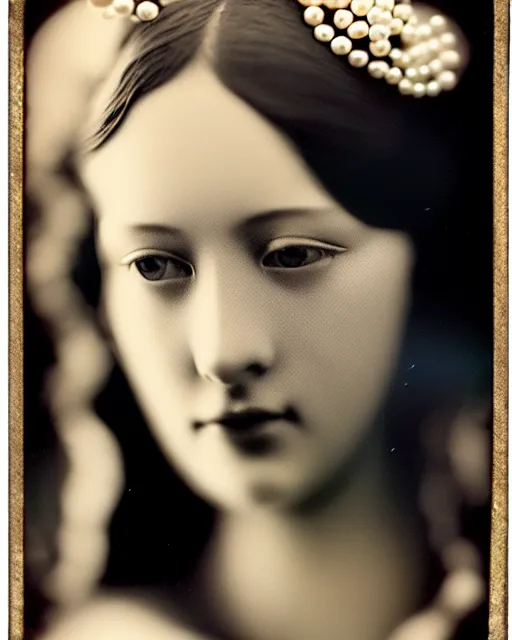 Prompt: [ [ [ [ tintype ] ] ] ] black and white dreamy young beautiful veiled female artificial intelligence, realistic pearl ornament in the face, long hair are intricate with highly detailed realistic pearls, cinematic, rim light, bokeh, photo - realistic, elegant, high detail, 8 k, masterpiece, photo taken in 1 9 3 0