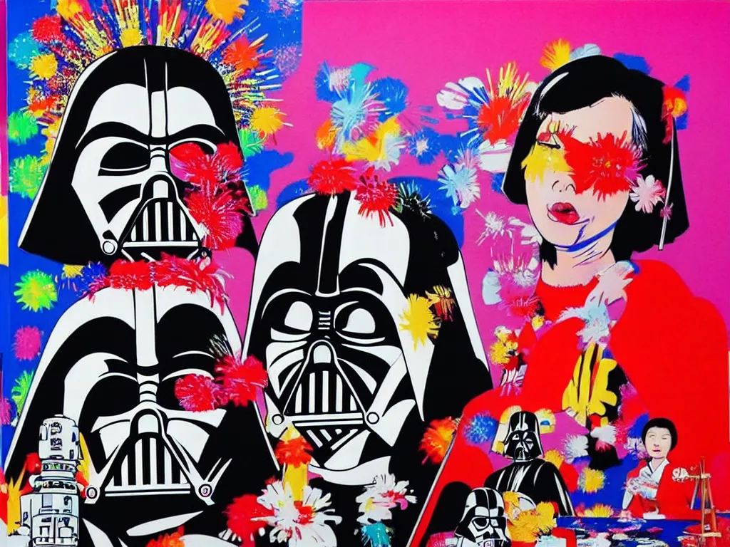 Image similar to hyperrealistic composition, in the middle the woman in a japanese kimono, behind her stands the darth vader, in front of her a table from the casino, in the background is ( ( mount fuji ) ) and fireworks, pop - art style, jacky tsai style, andy warhol style, acrylic on canvas