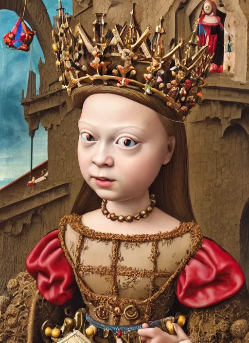 Prompt: closeup medieval jan van eyck face portrait of tin toy greta thunberg as a fairytale princess wearing a crown eating cakes in the castle, bikini, detailed and intricate environment, nicoletta ceccoli, mark ryden, lostfish, hyperrealistic, octane render