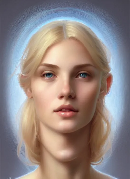 Image similar to beautiful feminine face! portrait of young woman blessed by god with ever - increasing physical and mental perfection, blonde hair, symmetrical!! intricate, elegant, highly detailed, vision of holy perfection!! smile, digital painting, artstation, concept art, smooth, sharp focus, illustration, art by artgerm and greg rutkowski and alphonse mucha