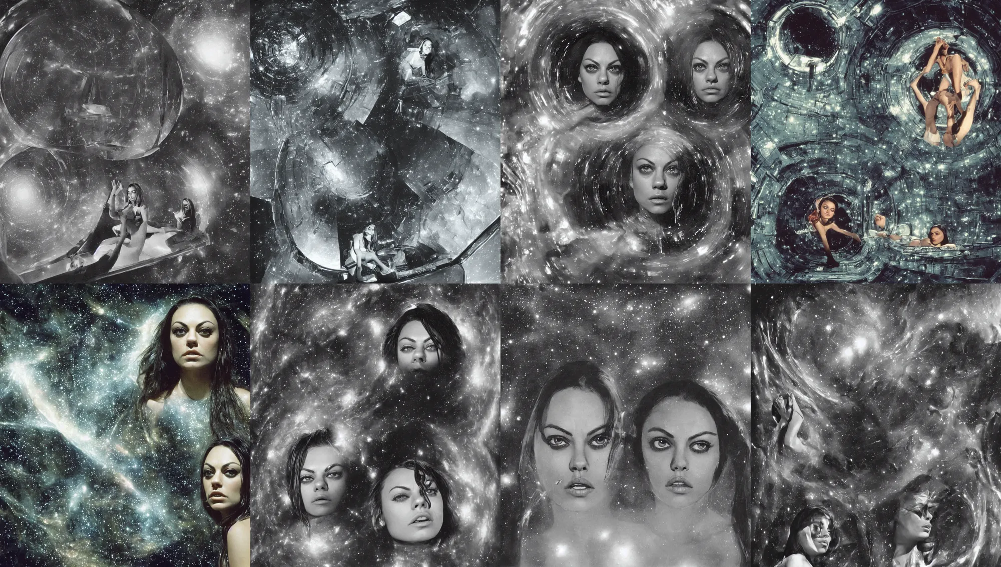 Prompt: close face portrait of Mila Kunis in suspended animation, inside a derelict space ship, stars and nebula through large windows, 1970, Ludek Pesek, Rick Guidice, Chesley Bonestell, Lucien Rudaux, Rolf Klep, Fred Freeman, George Pal