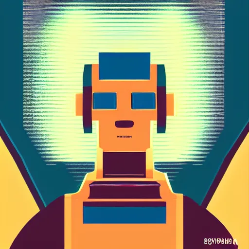 Prompt: a portrait of part man, part robot, in retro colors, synthwave style, 2 d digital vector art