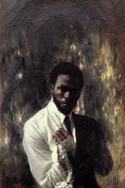 Image similar to portrait of a sophisticated black man in a pristine white dress shirt. his eyes are black pits of cosmic darkness. art by gaston bussiere.