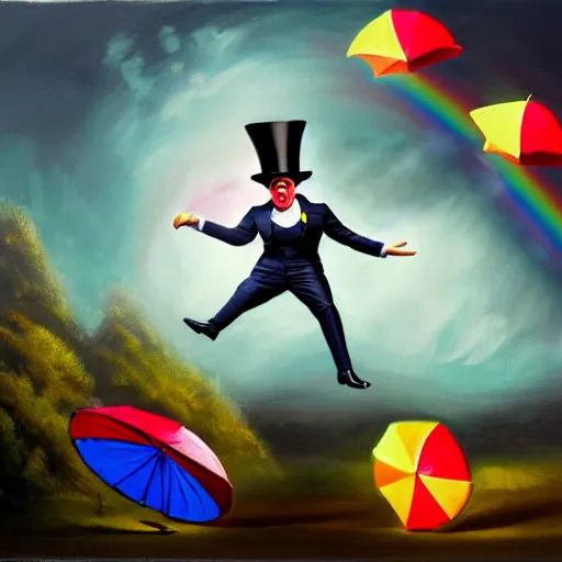 Prompt: 3 d concept art, realistic, of a excessively rotund man juggling twinkies, cycling upon a tight rope in the rain, at night, in a top hat and suit, holding a rainbow umbrella, oil painting, knife palette, with a jolly expression, misty, cobblestone background, victorian, masters painting