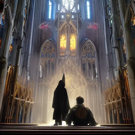 Image similar to angel protecting man who is praying inside a gothic church by Stanley Artgerm Lau, WLOP, Rossdraws, James Jean, Andrei Riabovitchev, Marc Simonetti, Yoshitaka Amano, ArtStation, CGSociety