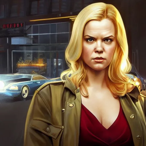 Prompt: Cindy Busby with blonde hair as a CSI detective as a grand theft auto 5 loading screen, close shot, gorgeous, beautiful, intricate, highly detailed, digital painting, artstation, oppressive lighting, concept art, sharp focus, illustration, art by greg rutkowski and alphonse mucha