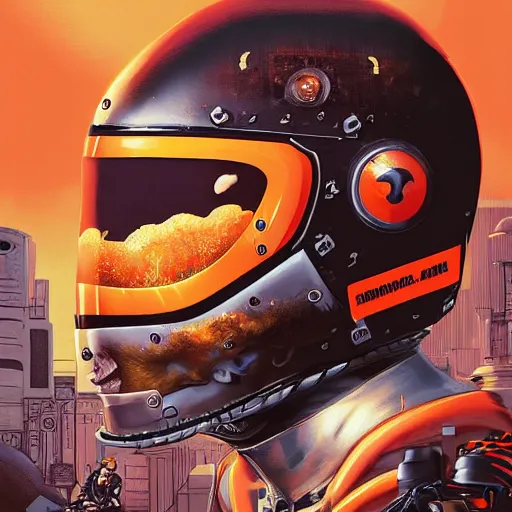 Image similar to a portrait of a monster, in an orange racing helmet by sandra chevrier, detailed render, epic composition, cybernetics, 4 k realistic, cryengine, realistic shaded lighting, sharp focus, masterpiece, by matteo scalera, gary montalbano, peter elson in the style of the tokyo ghost comic