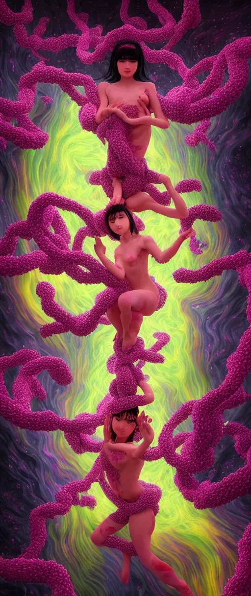 Prompt: hyper detailed 3d render like a Oil painting - kawaii portrait Aurora demon (ancient black haired Fae acrobat) seen Eating of the Strangling network of yellowcake aerochrome and milky Fruit and Her delicate Hands hold of gossamer polyp blossoms bring iridescent fungal flowers whose spores black the foolish stars by Jacek Yerka, Mariusz Lewandowski, Houdini algorithmic generative render, Abstract brush strokes, redshift render, Masterpiece, Edward Hopper and James Gilleard, Zdzislaw Beksinski, Mark Ryden, Wolfgang Lettl, hints of Yayoi Kasuma, extremely detailed, 8k