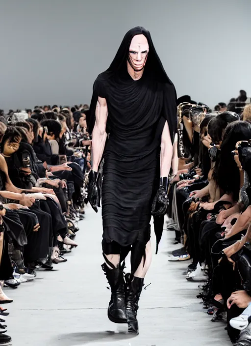 Image similar to hyperrealistic and heavy detailed rick owens avant garde runway show of batman, leica sl 2 5 0 mm, vivid color, high quality, high textured, real life